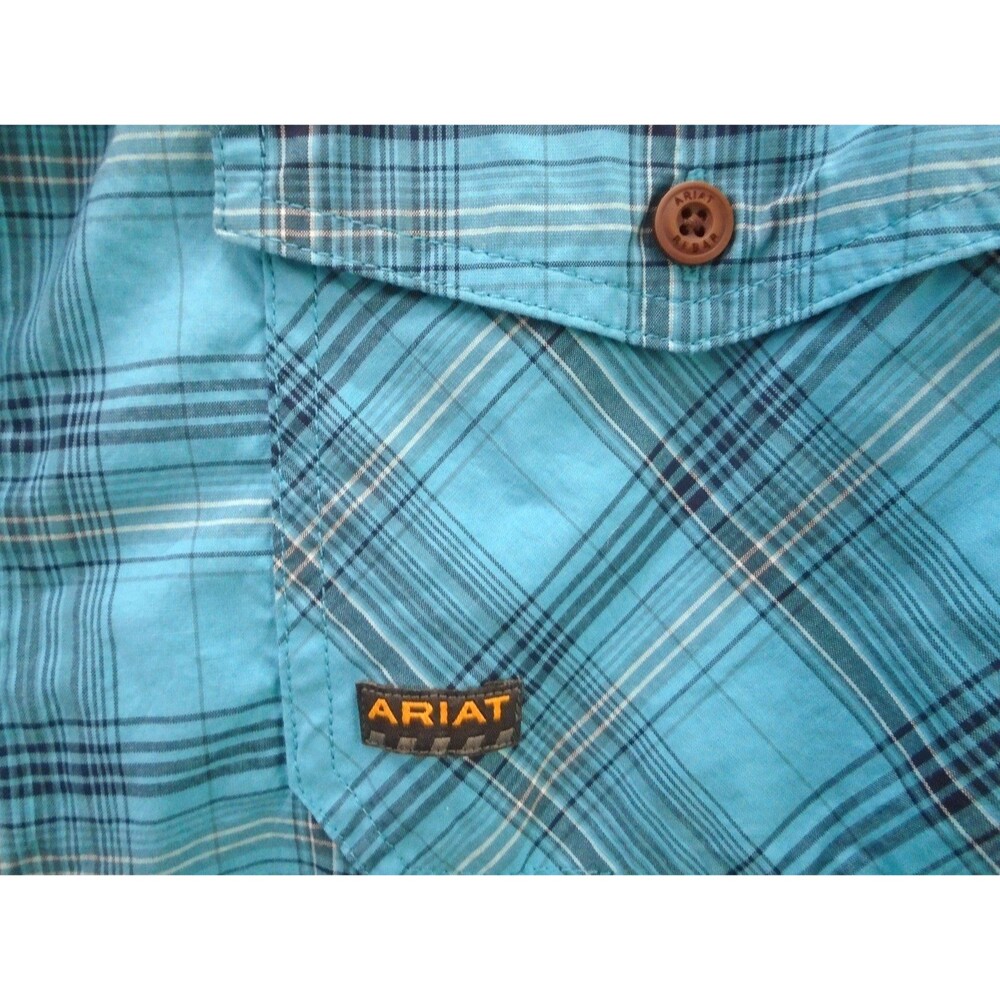 Ariat Rebar Work Shirt Mens Large Turquoise Plaid DuraStretch Short Sleeve Blue - Picture 8 of 11